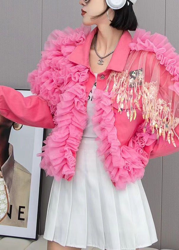 Pink Tulle Ruffled Tasseled Patchwork Denim Jackets