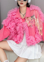 Pink Tulle Ruffled Tasseled Patchwork Denim Jackets