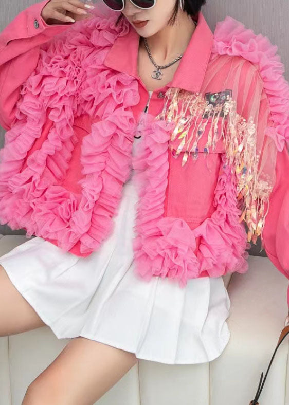 Pink Tulle Ruffled Tasseled Patchwork Denim Jackets