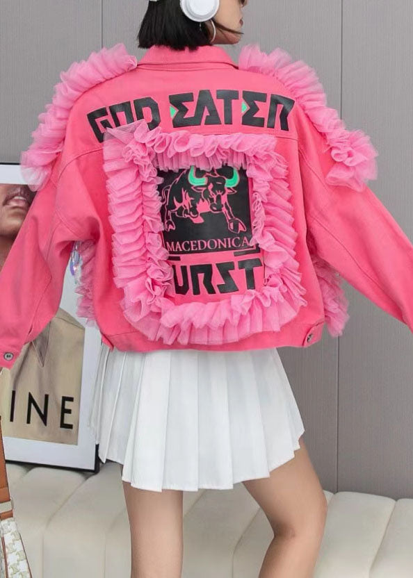 Pink Tulle Ruffled Tasseled Patchwork Denim Jackets