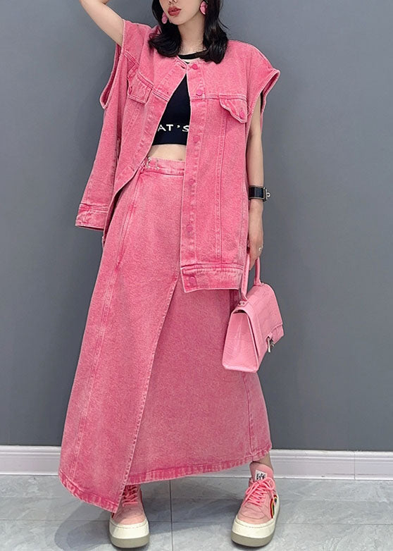 Pink Vest And Skirts Denim Two Piece Set Clothing