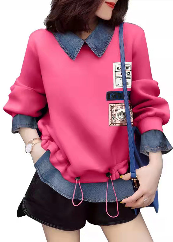 Pink drawstring Peter Pan Collar denim Patchwork Sweatshirts Top