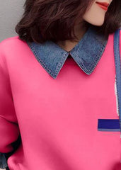 Pink drawstring Peter Pan Collar denim Patchwork Sweatshirts Top