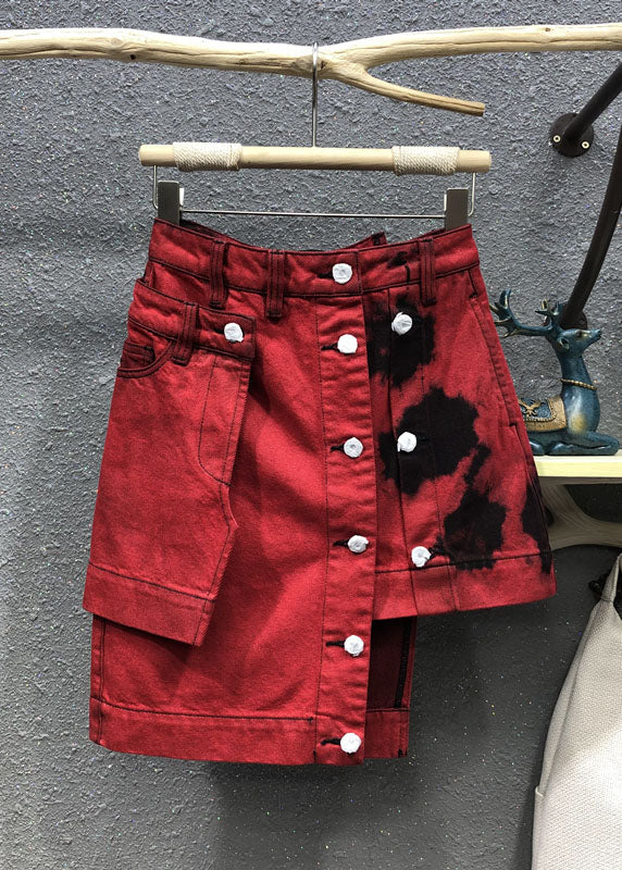 Red High Waist Patchwork Button Asymmetrical Denim Skirt