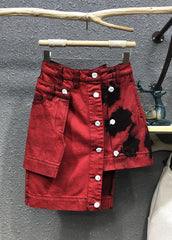 Roter asymmetrischer Jeansrock mit hoher Taille und Patchwork-Knopf