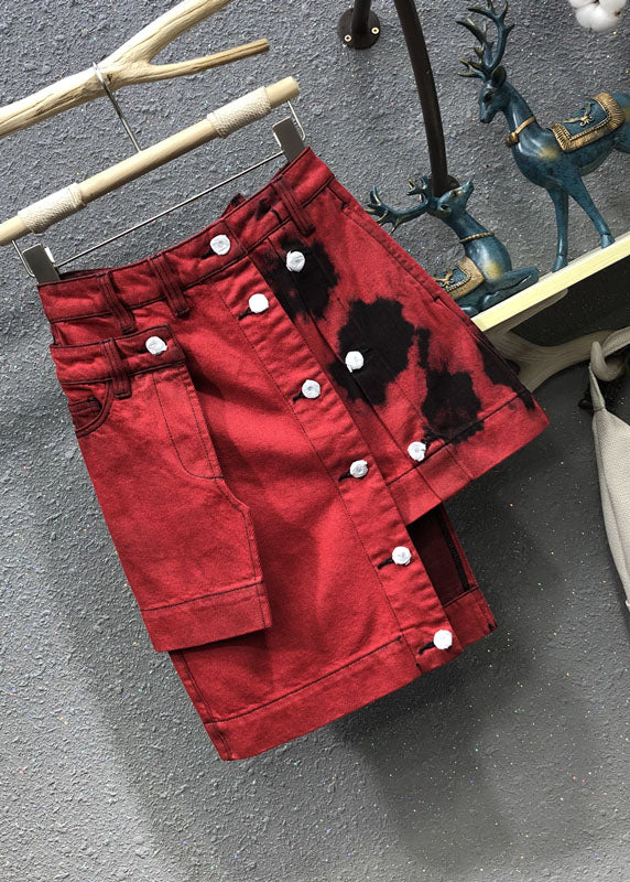 Red High Waist Patchwork Button Asymmetrical Denim Skirt