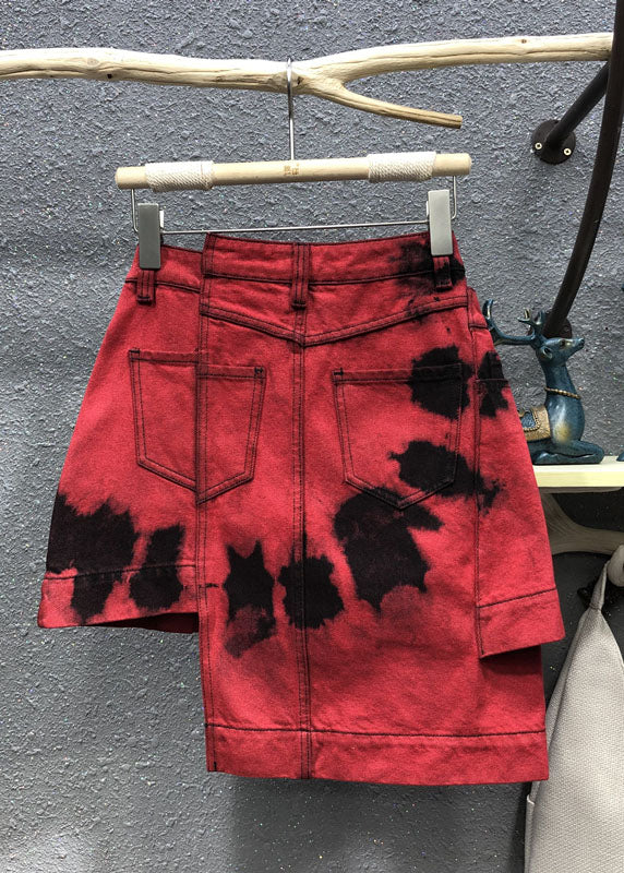 Red High Waist Patchwork Button Asymmetrical Denim Skirt