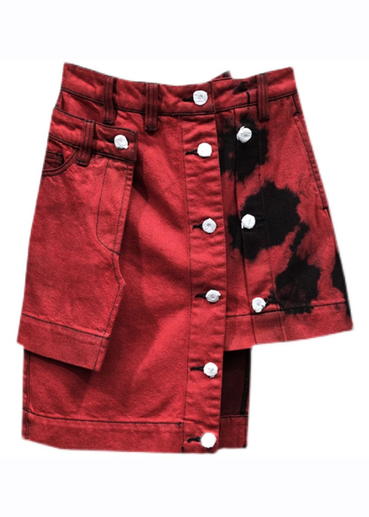 Red High Waist Patchwork Button Asymmetrical Denim Skirt