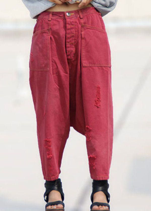 Red Pockets Patchwork Denim Harem Crop Pants