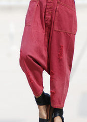 Red Pockets Patchwork Denim Harem Crop Pants