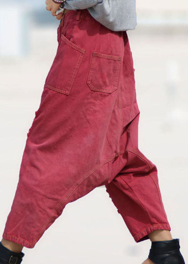 Red Pockets Patchwork Denim Harem Crop Pants