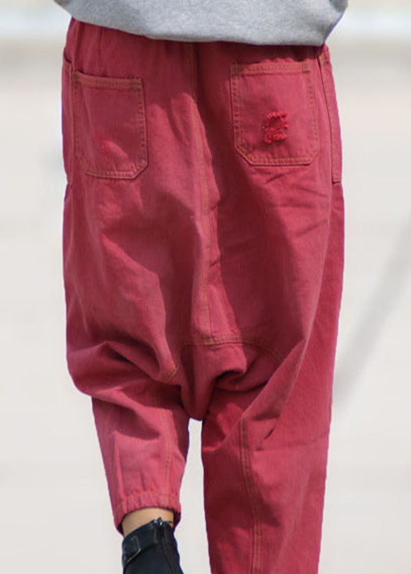 Red Pockets Patchwork Denim Harem Crop Pants