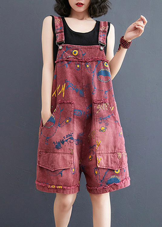 Red Slash Neck Print Patchwork Denim Jumpsuit