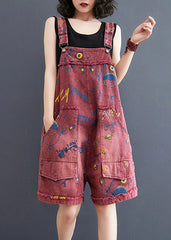 Red Slash Neck Print Patchwork Denim Jumpsuit