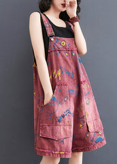 Red Slash Neck Print Patchwork Denim Jumpsuit