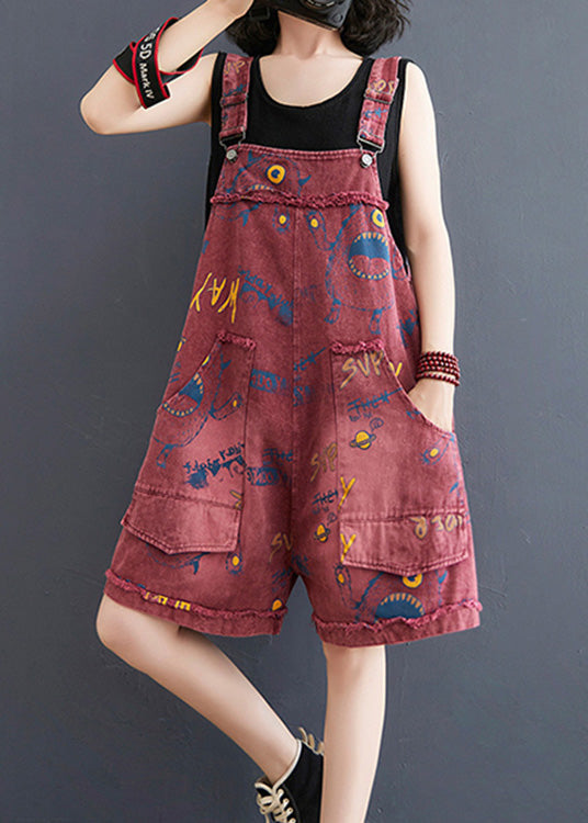 Red Slash Neck Print Patchwork Denim Jumpsuit