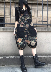 Slash Neck Print Patchwork Button Denim Jumpsuit