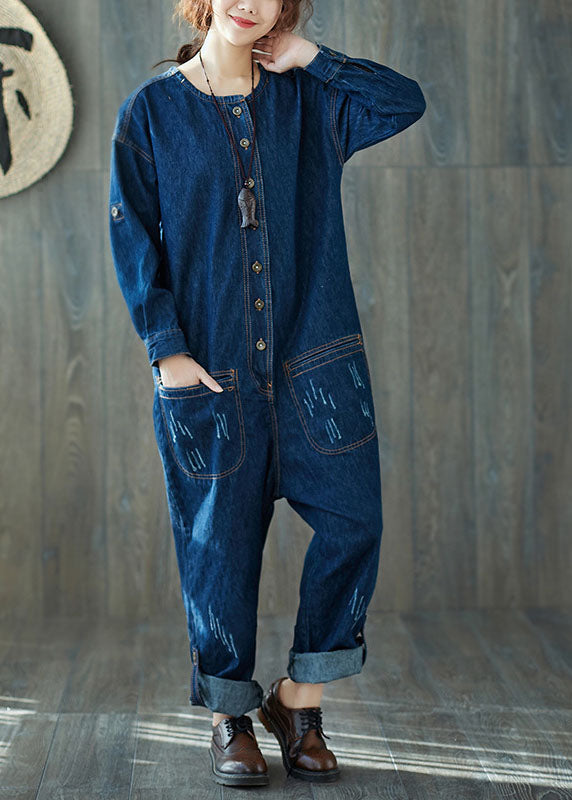 dark Blue O-Neck pockets denim Jumpsuits