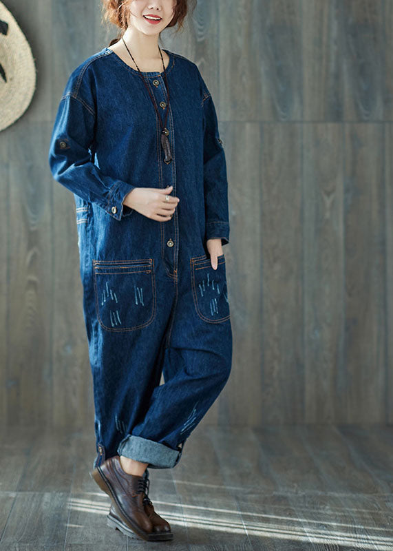 dark Blue O-Neck pockets denim Jumpsuits