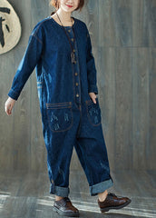 dark Blue O-Neck pockets denim Jumpsuits