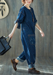 dark Blue O-Neck pockets denim Jumpsuits