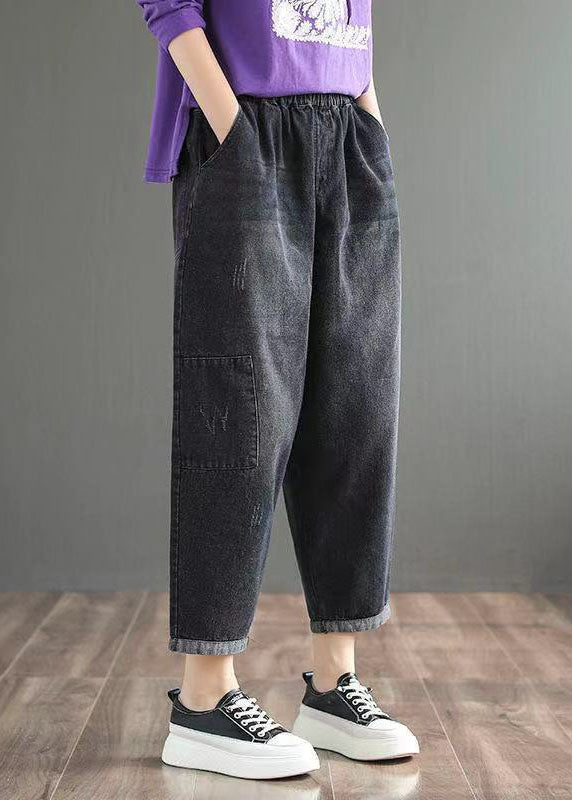 Fine Blue Elastic Waist Pockets Casual Harem Fall Denim Pants