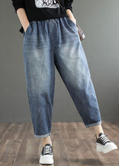 Fine Blue Elastic Waist Pockets Casual Harem Fall Denim Pants