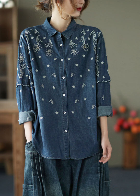 Fine Blue Embroideried Patchwork Cotton Denim Shirt