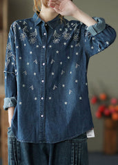 Fine Blue Embroideried Patchwork Cotton Denim Shirt