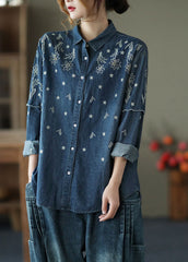 Fine Blue Embroideried Patchwork Cotton Denim Shirt