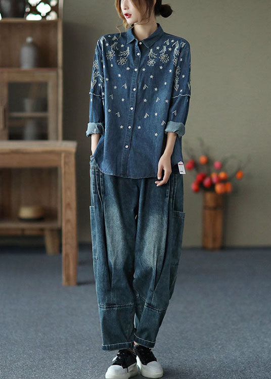 Fine Blue Embroideried Patchwork Cotton Denim Shirt