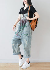 Fine Blue Patchwork Pockets Print Denim Jumpsuit