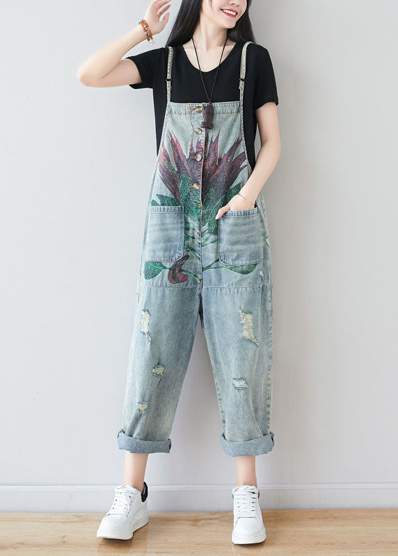 Fine Blue Patchwork Pockets Print Denim Jumpsuit