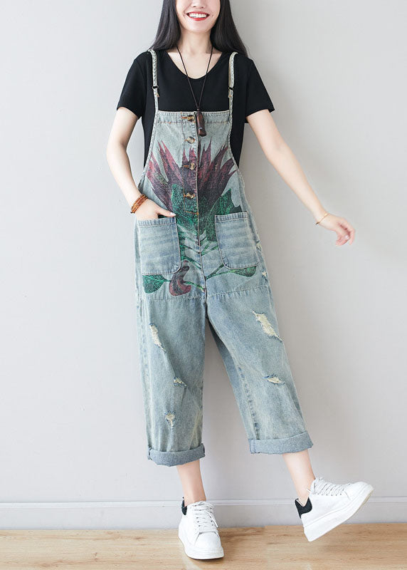 Fine Blue Patchwork Pockets Print Denim Jumpsuit