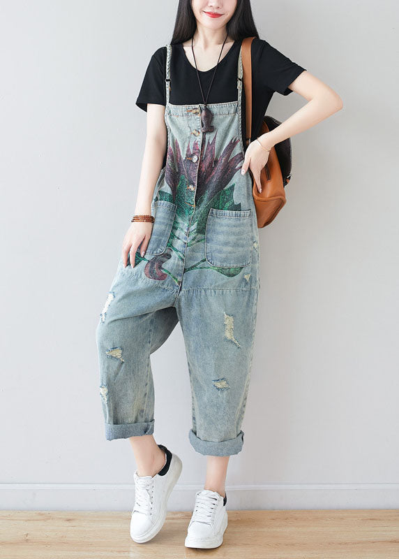 Fine Blue Patchwork Pockets Print Denim Jumpsuit