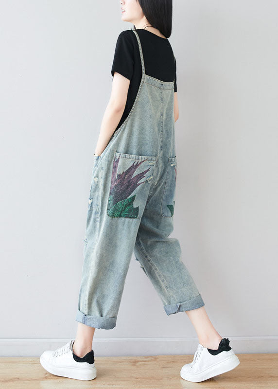 Fine Blue Patchwork Pockets Print Denim Jumpsuit