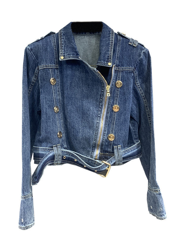 Fine Blue Peter Pan Collar Zip Up Patchwork Denim Jackets Fall