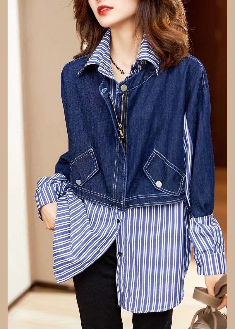 Fine Blue button Peter Pan Collar denim Patchwork Striped Shirts