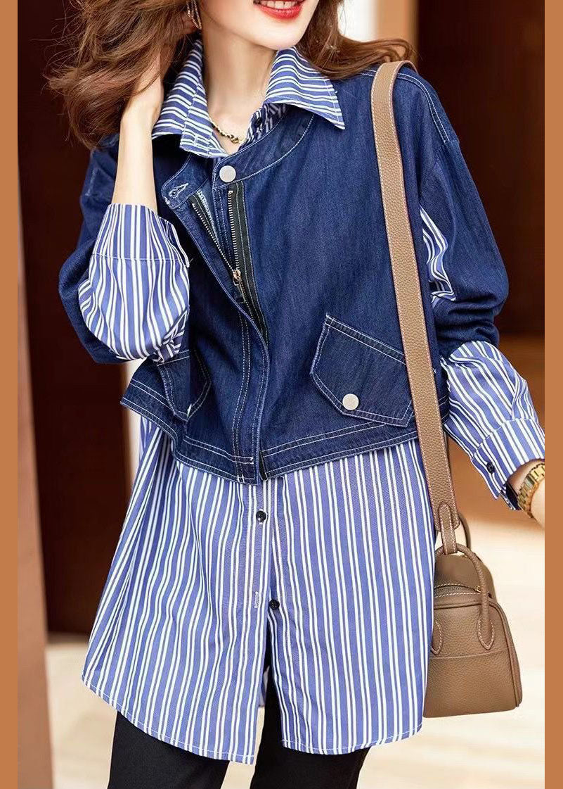 Fine Blue button Peter Pan Collar denim Patchwork Striped Shirts