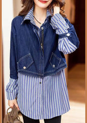 Fine Blue button Peter Pan Collar denim Patchwork Striped Shirts