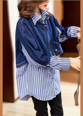 Fine Blue button Peter Pan Collar denim Patchwork Striped Shirts