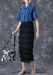 Fine Denim Blue Ruffled Patchwork Elastic Waist Fake Two Piece Holiday Dress