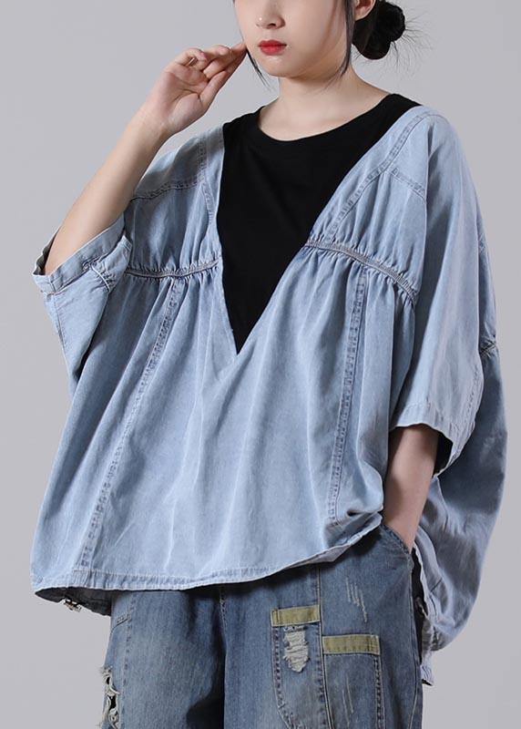 Fine Denim blue Patchwork Black Cotton Loose Shirts