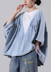 Fine Denim blue Patchwork Black Cotton Loose Shirts