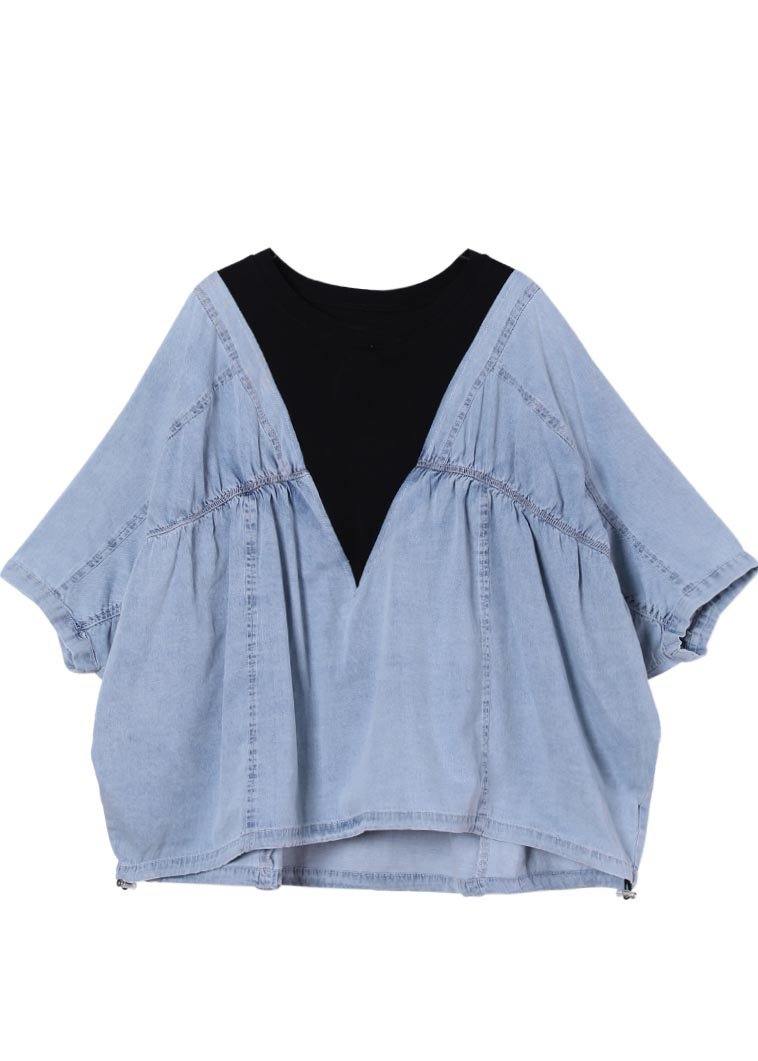 Fine Denim blue Patchwork Black Cotton Loose Shirts