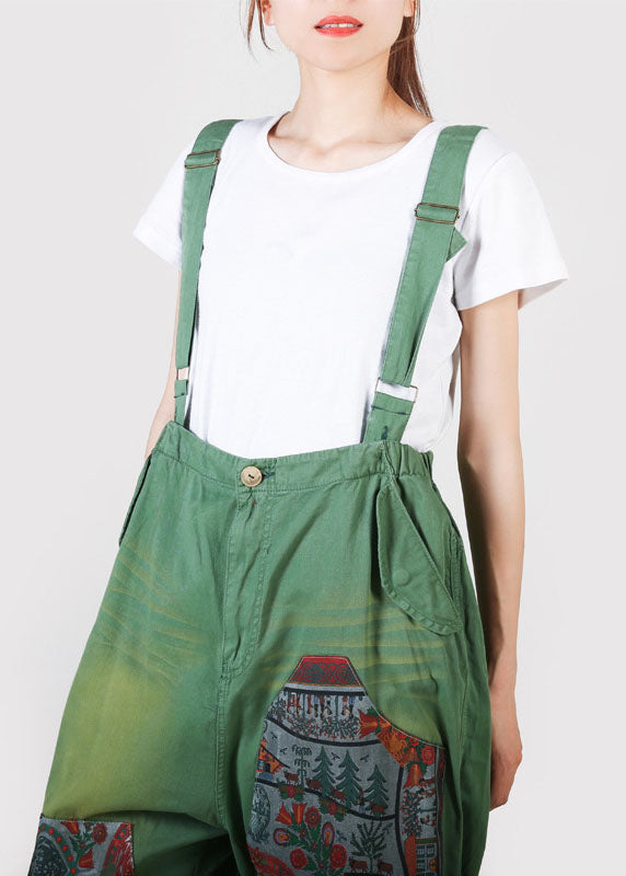 Fine Green Pockets Print Denim Carpenter Pants