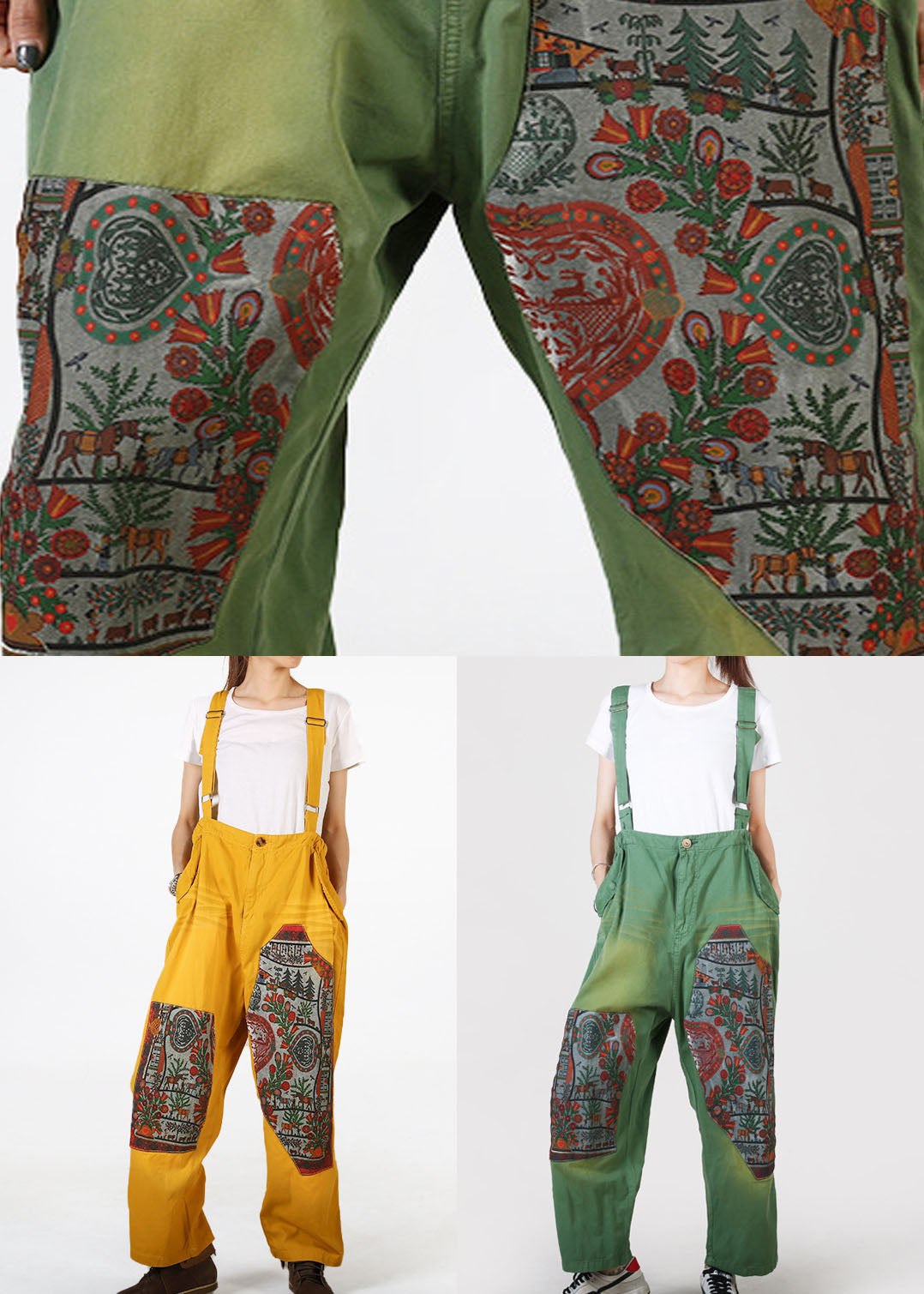 Fine Green Pockets Print Denim Carpenter Pants