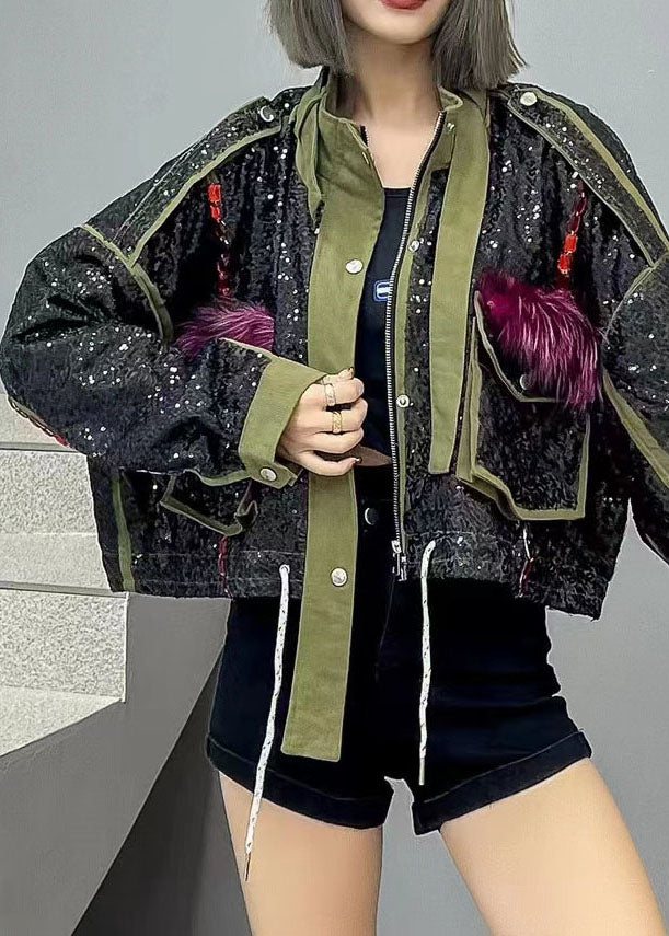 Fine Green Pockets Zip Up Sequins Patchwork Denim Short Coat