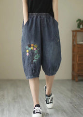 Fine Navy Embroideried Floral Denim Harem Pants