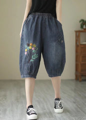 Fine Navy Embroideried Floral Denim Harem Pants